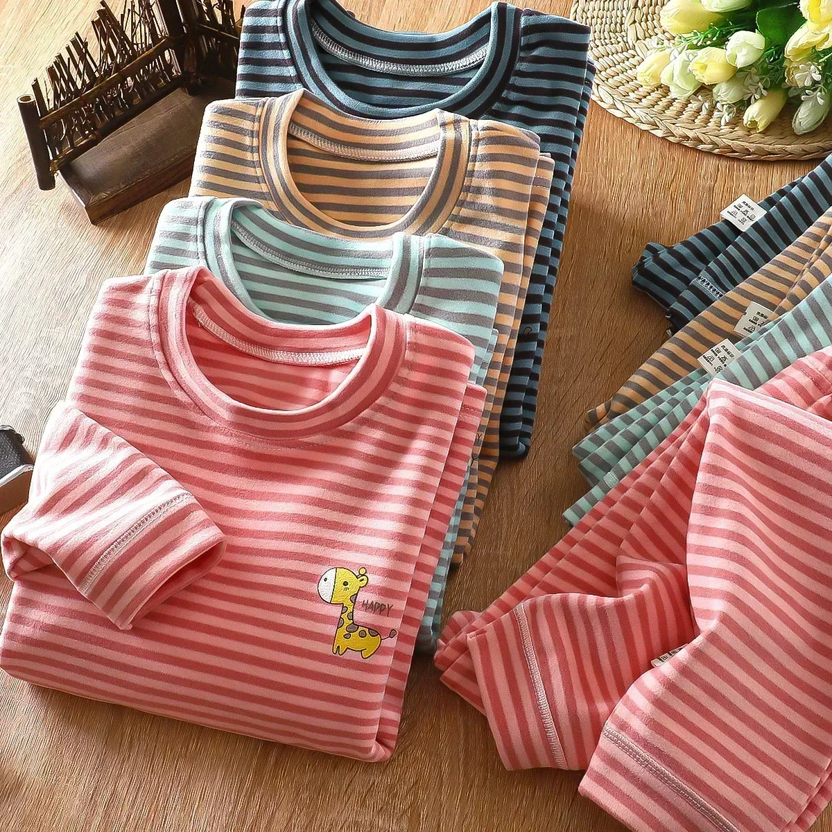 Children's Pajamas Sets Thickened Warm Sleepwear Kids Stripe Baby Clothes Set Boys Girls Thermal Underwear Velvet Baby Homewear
