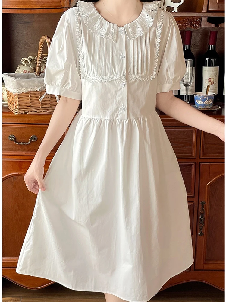 

Preppy Style Peter Pan Collar Embroidery Lace Sweetheart Dress Puff Sleeve Loose Retro Fashion Leisure Dress For Women ﻿