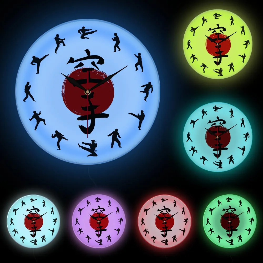 Fistfight Karate Wall Decor Hanging Silent Wall Watch Japanese Martial Arts Karate Silhouettes Living Room Decorative Wall Clock 6
