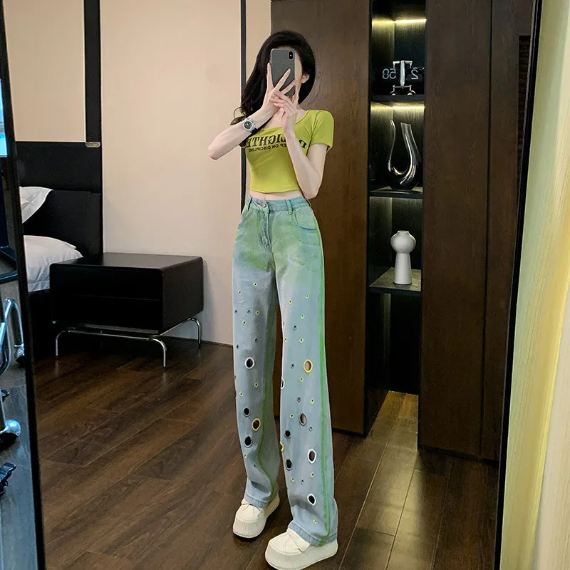 Denim Planet 2024 High End Trendy New Fashion Casual Slim Fit Summer New Wide Leg Metal Circular Looped Jeans