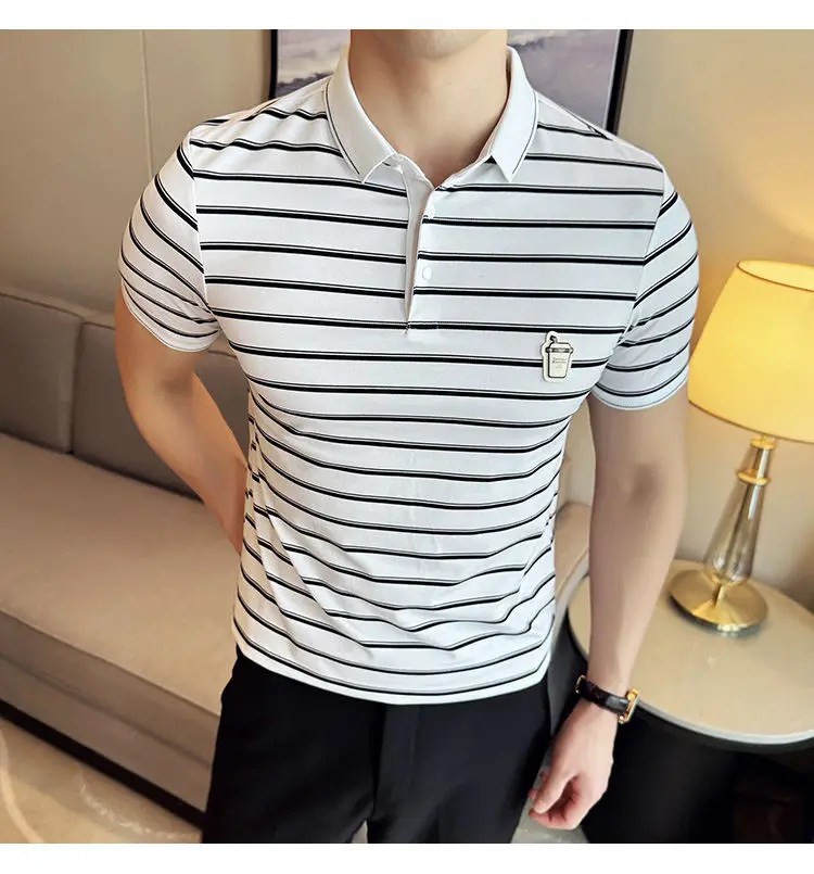 Description Picture 5 of item2024 Summer Striped Polo Shirt for Men High Quality Short Sleeved Casual T-shirt Lapel Business Social Office Tee Tops M-4XL
