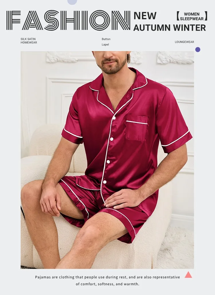 Zweiteiliges Herren-Pyjama-Set aus Satin, lässig, bequem, Pyjama, Knopftasche, kurzärmliges Hemd mit Shorts, Pyjama-Nachtwäsche für Herren – Detail 16