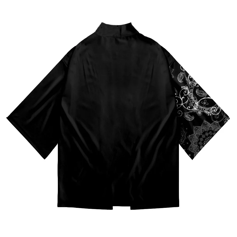 Plus Size Summer Beach Yukata Asian Clothing Paisley Print Kimono Fashion Cosplay Haori Obi Women Men Black Cardigan Shirt