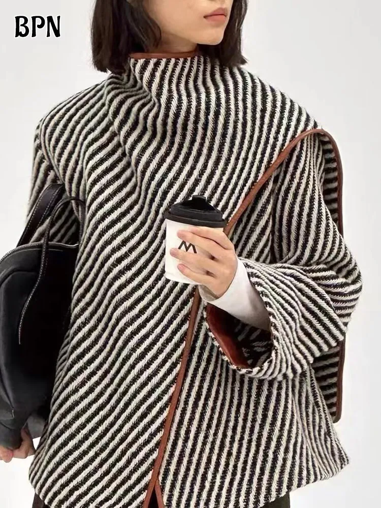 

BPN Fashion Hit Color Striped Coats For Women Turtleneck long Sleeve Irregular Temperament Winter Jacket Female Clothes New 2023