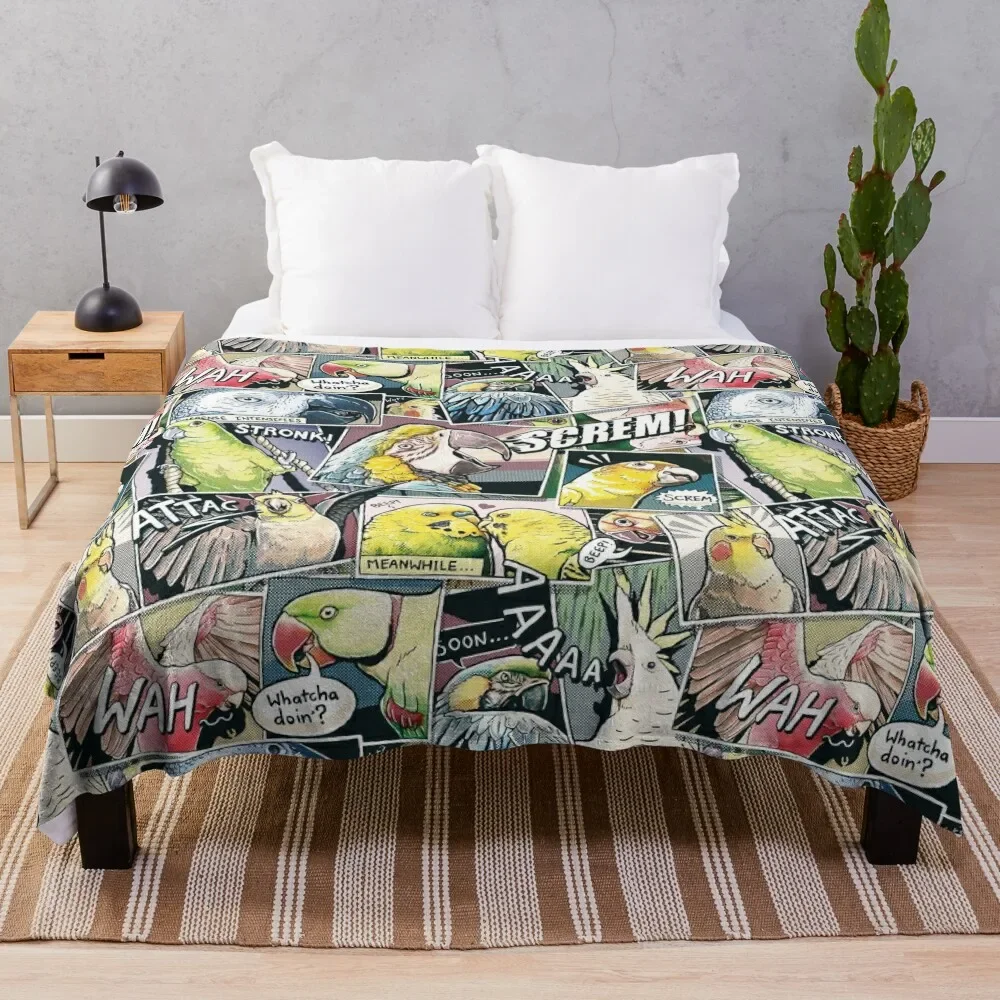 Parrots Comic Style Throw Blanket Fluffy Shaggy Flannel Fabric Blankets