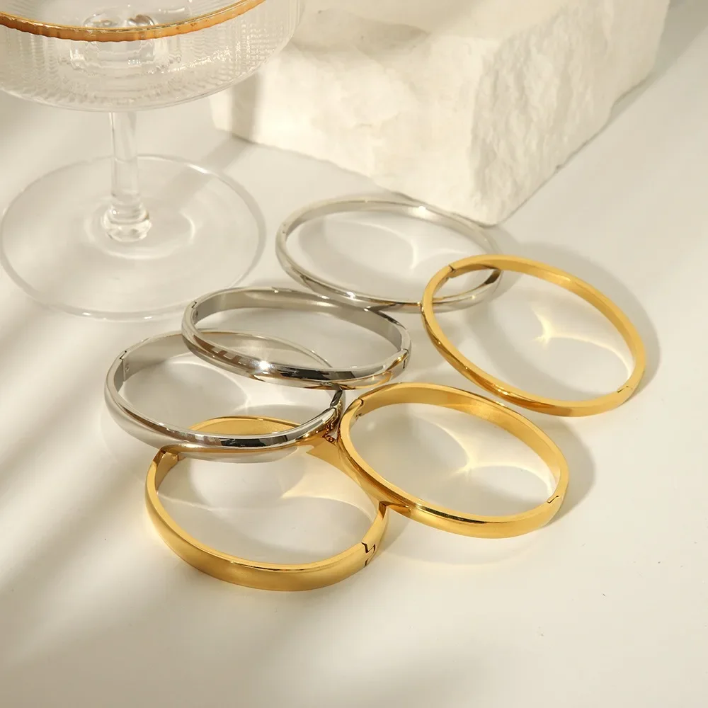 Stainless Steel Polished Smooth Cuff Bangle 18K Gold Plated Waterproof Simple Circle Round Bracelet Punk Hip-hop Jewelry Gifts