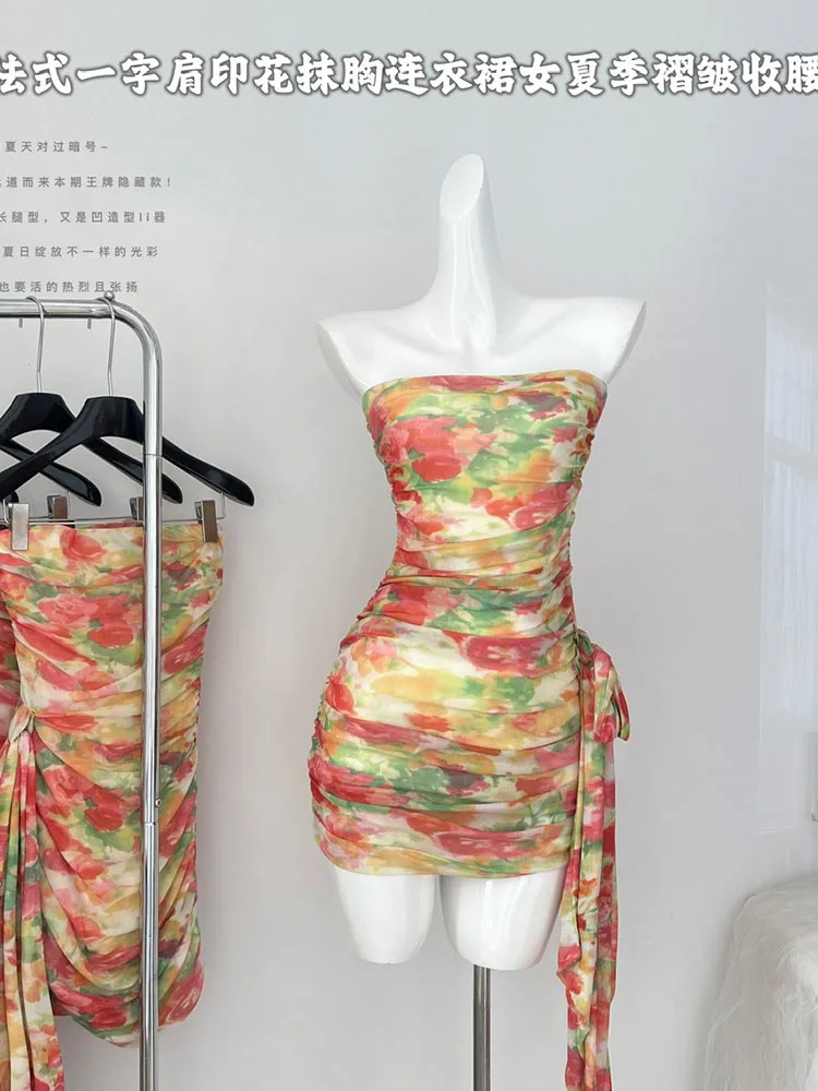 

French Style Sexy Slim Slash Neck Print Chest Wrapping Dress Summer Women Fashion Sweet Holiday Style Pleated One-Piece Frocks