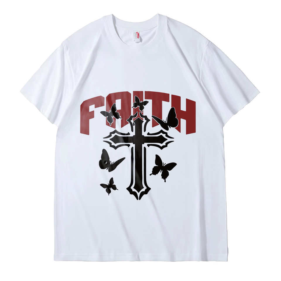 FAITH Cross and butterfly print Wings of FAITH FAITH leading the soul to fly men's and women's cotton T-shirt original style