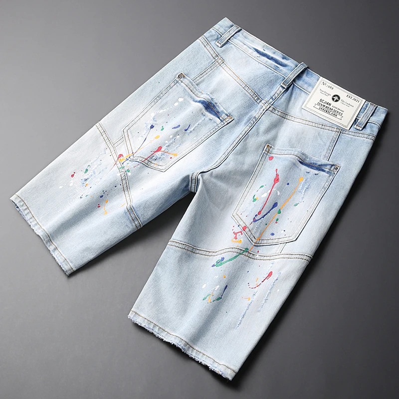 Newly Summer Fashion Men Jeans Retro Light Blue Elastic Spliced Designer Short Ripped Jeans Painted Hip Hop Denim Shorts Men