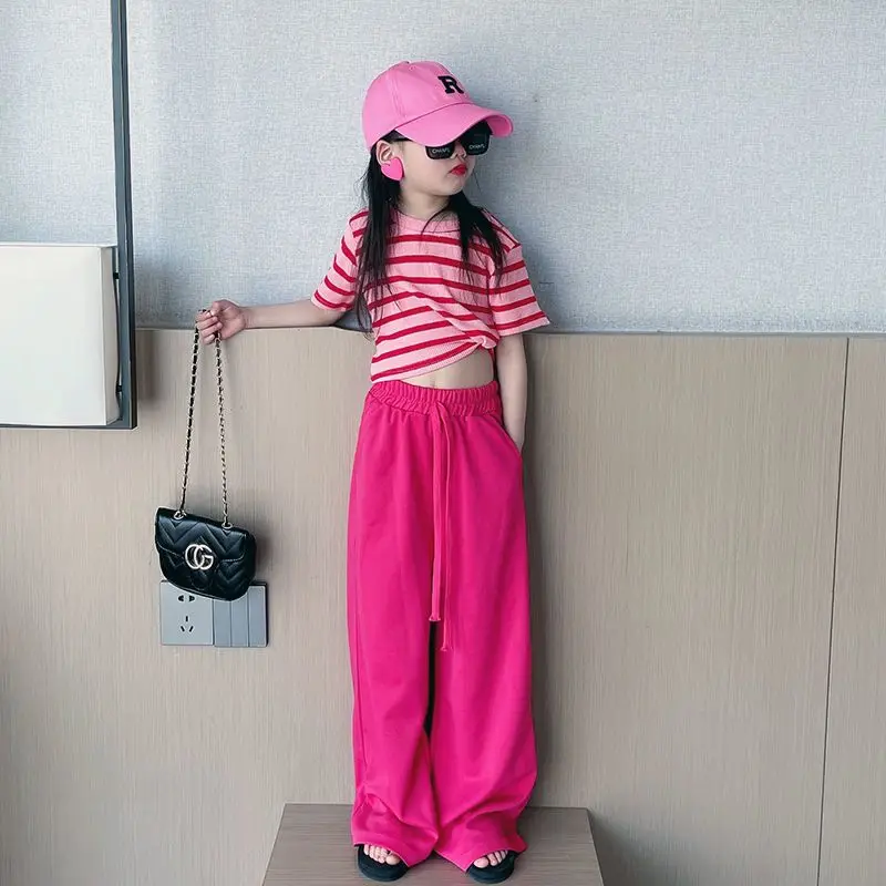 여아용 여름 반팔 스트라이프 셔츠, 와이드 레그 팬츠,  라운지웨어, 패션 여아 의상, 2 개 세트