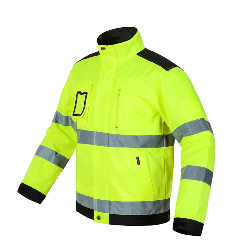 Hi Vis 남성용 고가시성 반사 재킷, 야외 작업 상의, 형광 노란색 멀티 포켓 안전 작업복 의류