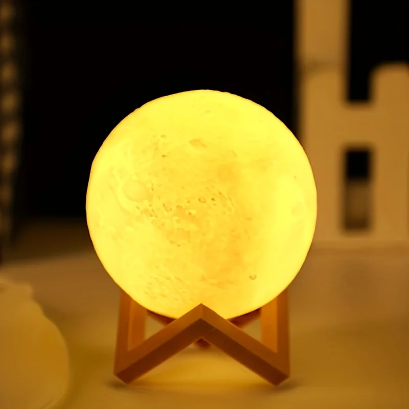 LED Night Light 3D Printed Moon Lamp 12CM Battery-Powered with Stand Starry Sky Light Three-Color Bedroom Decoration Gift