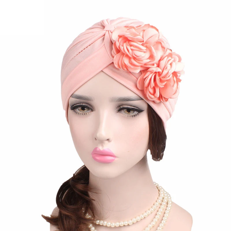 

New Two Large Flowers Headscarf And Hat Multicolor Women Wrap Head Turban Fashion Solid Color Dacron Indian Cap Cancer Chemo Hat