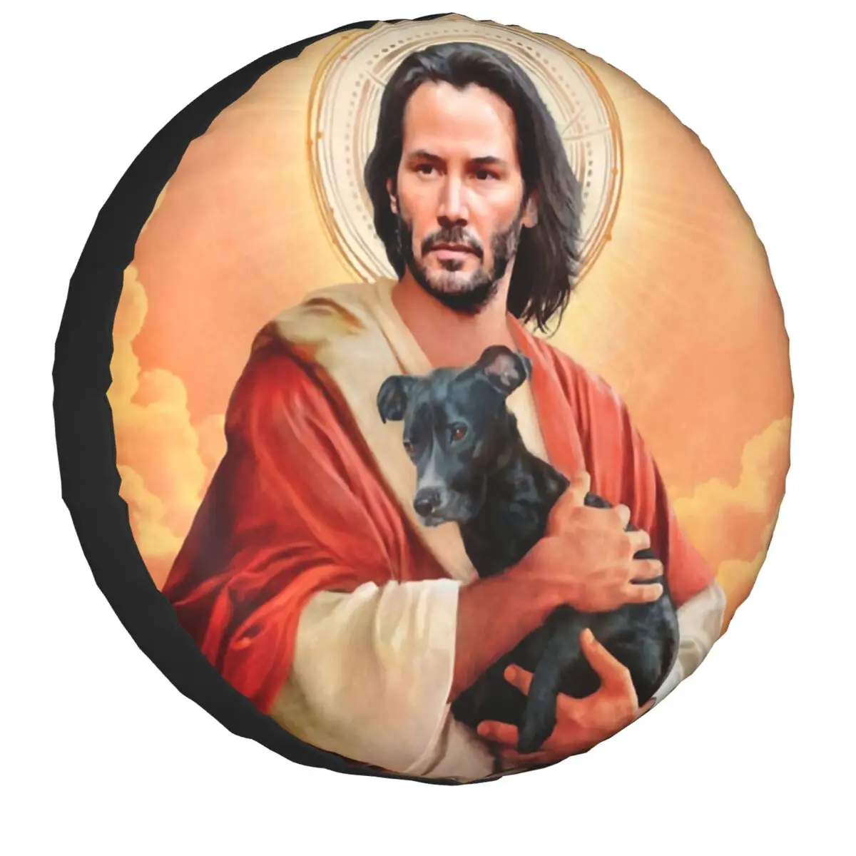 

Keanu Reeves Holding A Puppy Tire Cover 4WD RV Saint Meme Jesus John Wick Spare Wheel Protector for Jeep 14" 15" 16" 17" Inch