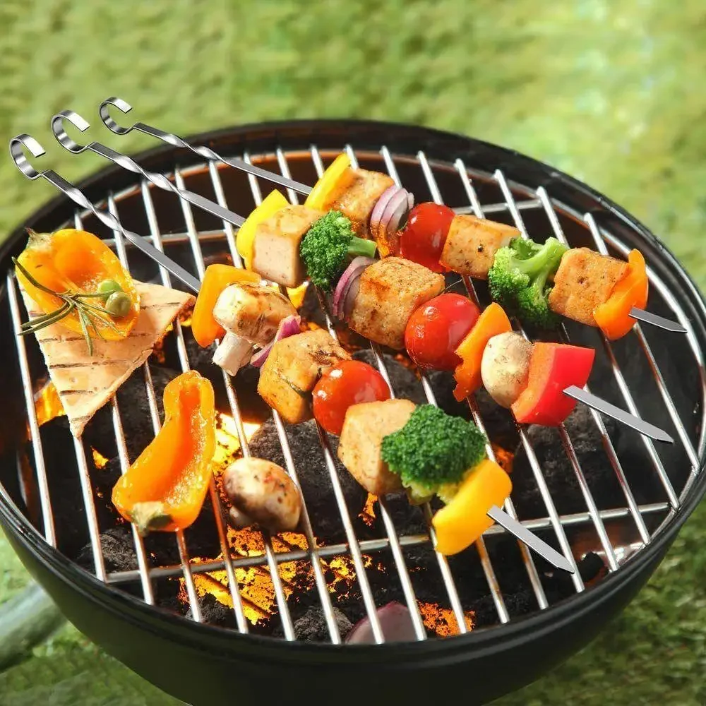 12Pcs Metal Barbecue Skewer Flat Sticks Outdoor Camping Picnic Meat Vegetable Grill BBQ Skewers Sticks Kitchen Accessories