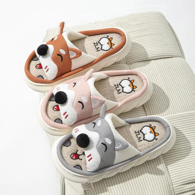 Linen Platform Slippers Women Home Cute Cartoon Dog Designer Shoes Girls Fashion Casual House Slipper Ladies Elegant Open Toe 6