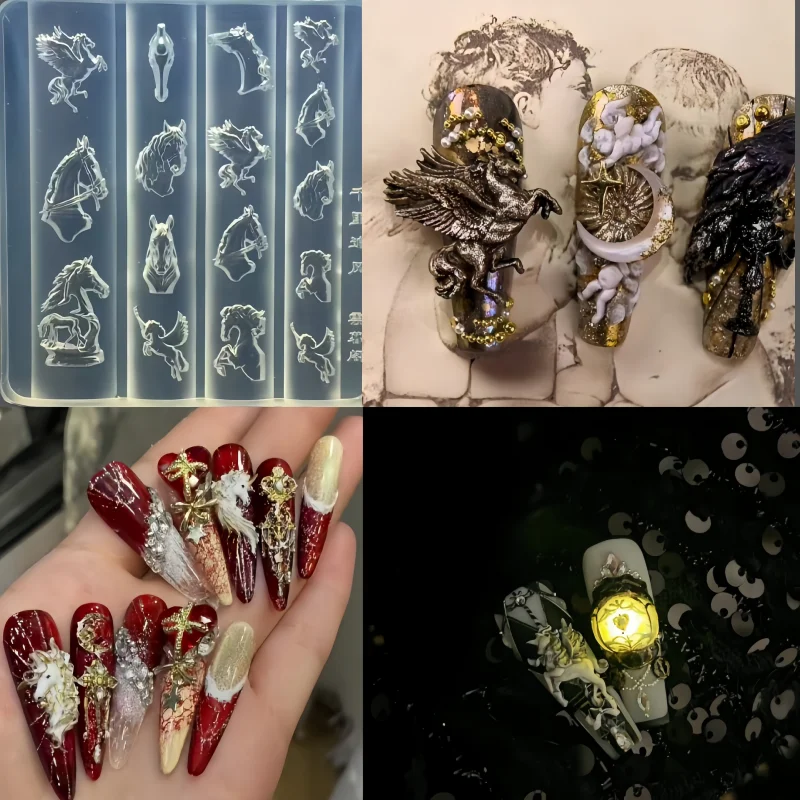 예술적인 3D 승마 머리 실리콘 몰드 네일 아트용 투명 엠보싱 몰드 보석 장
