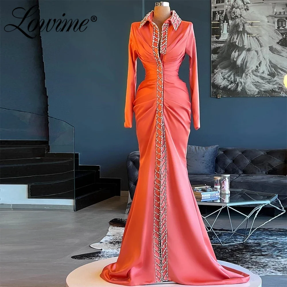 

Lowime Elegant Evening Dresses 2022 Long Sleeves Beaded Pearls Arabic Party Gowns Celebrity Dress Customize Plus Size Prom Dress
