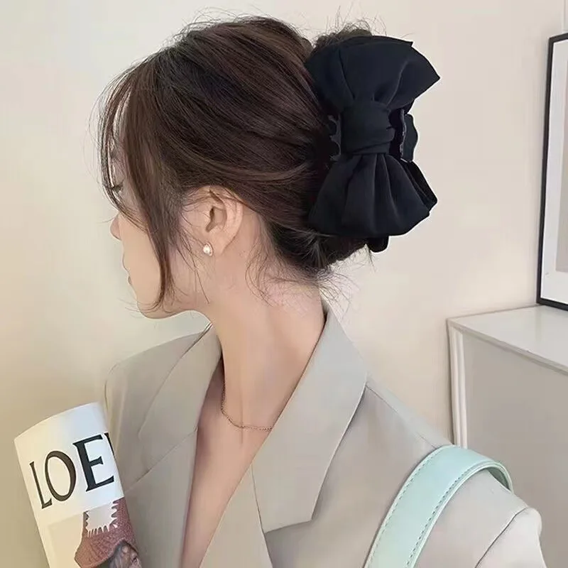 여성용 양면 단색 활 그랩 클립, 대형 상어 클립, 일본 및 한국 고급 곱슬 머리, 포니테일 하이