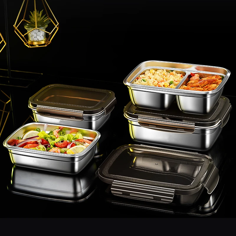 304 Stainless Steel Crisper LFGB Certficated Bento Box Meat Fruit Vegetable Preservation Food Box with 4 Side Buckle PP Cover