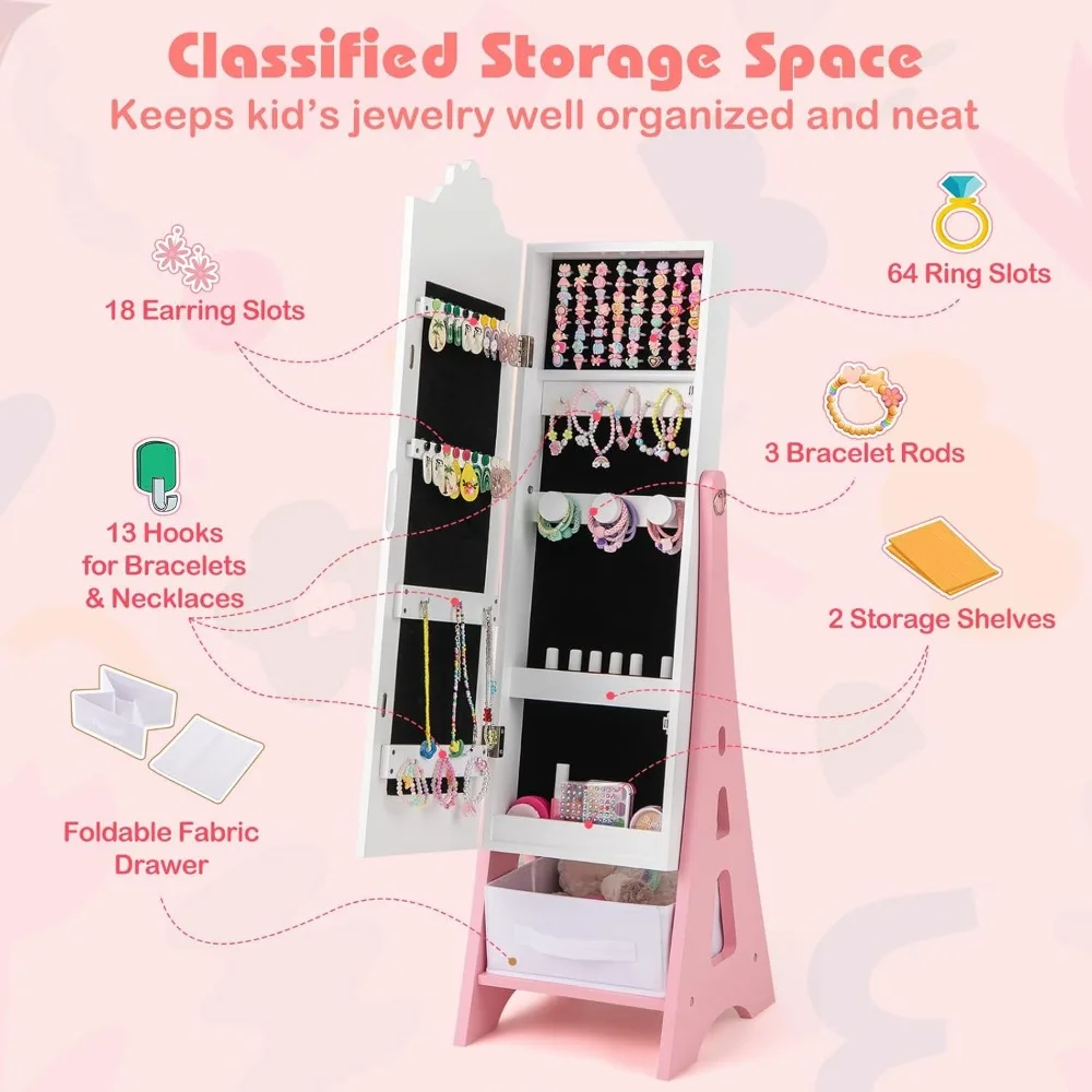 Kids Jewelry Armoire Cabinet, 43.5" Standing Wooden Standing Jewelry Organizer with Full-length Mirror and Storage Drawers 4