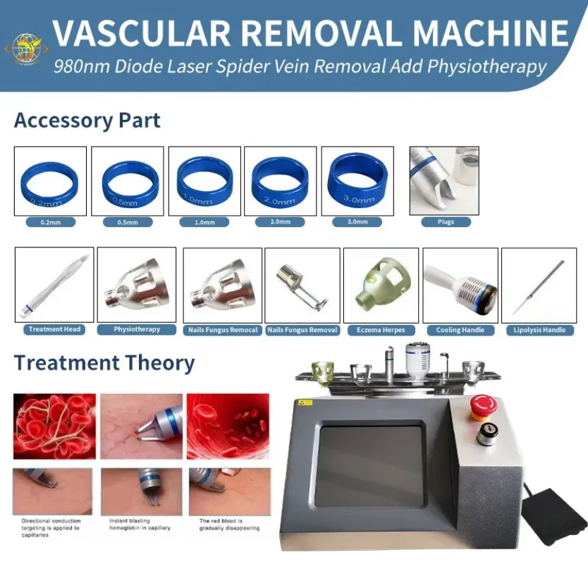 

Beauty Equipment 6 In 1 980Nm Vascular Vein Removal Device Red Blood Vessels Spider Vein Removal 980Nm Laser