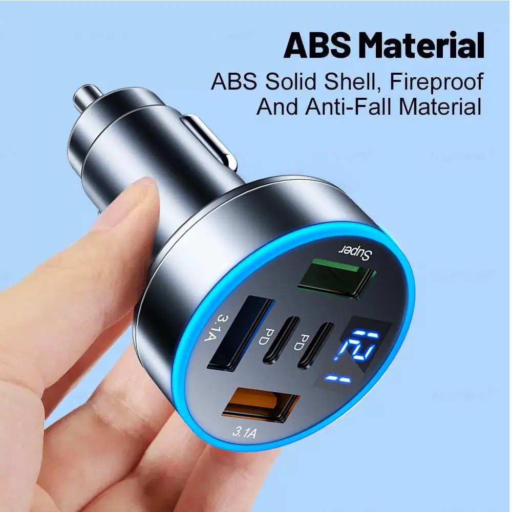 Adattatore per caricabatterie da auto QC3.0 5 in 1 con doppia porta PD e ricarica rapida USB con display di tensione per iPhone, Samsung, Huawei_voghion.com