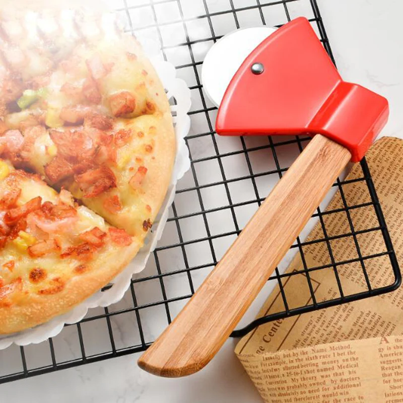 

Axe Design Bamboo Handle Pizza Cutter Steel Knife Cake Tools Rotating Ideal Pizza Pies Waffles Cookies Kitchen Cutting Tool