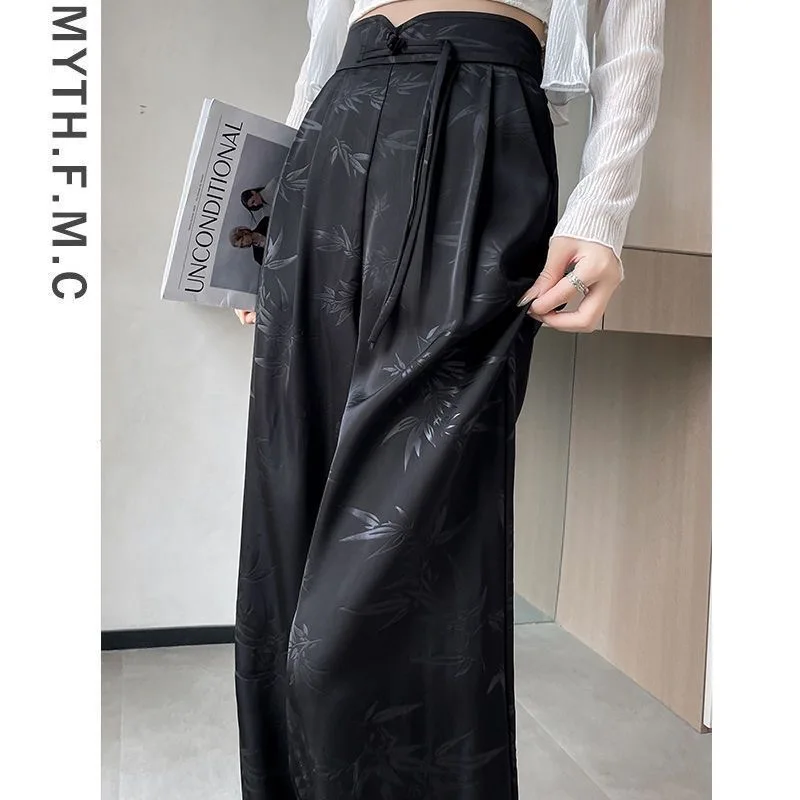 New Chinese Style Satin Jacquard Wide Leg Pants Women Spring and Summer New High-waisted Slim Casual Sweatpants Vintage