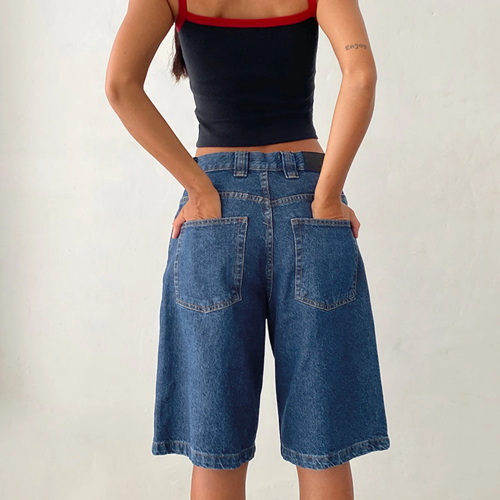 New Fashion Womens Knee Length Denim Shorts Loose Solid Color Low Rise Wide Leg Long Shorts With Pockets For Summer S-2XL