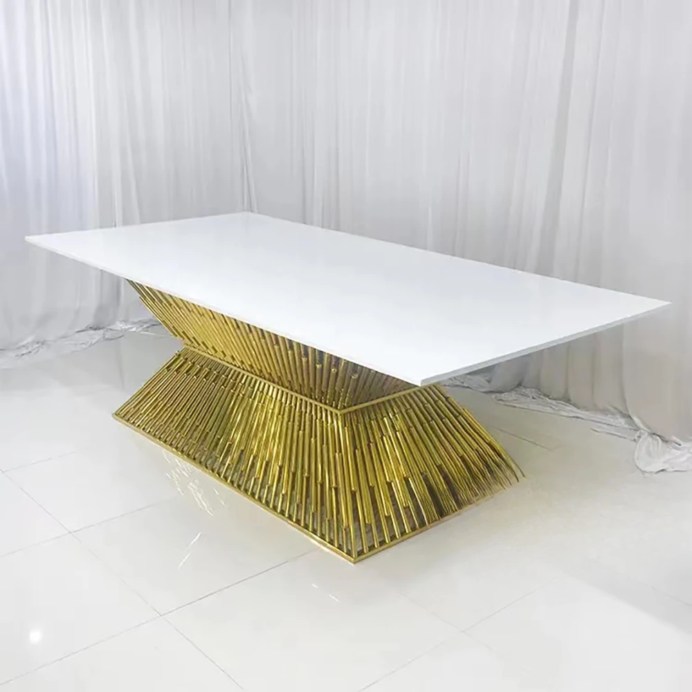

Modern Luxury golden stainless steel wedding dinning with clear glass top
