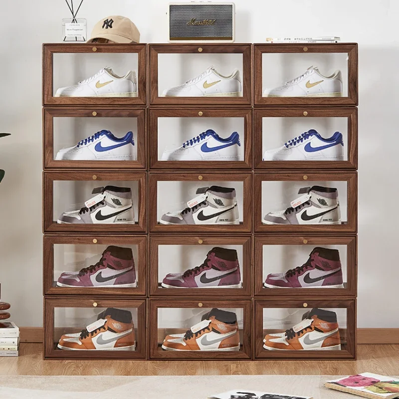 Solid Wood Shoe Box Shoes Transparent Storage No-install Cabinet Acrylic Shoe Wall Display Case Organizer and Storage