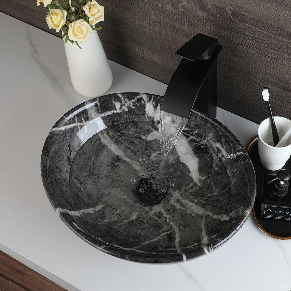 ZAPPO Marbling Rectangle Vessel Sink with Faucet Drain Ceramic Vessel Sinks Oval Bathroom Sink Bowl Above Counter with Mixer Tap 4