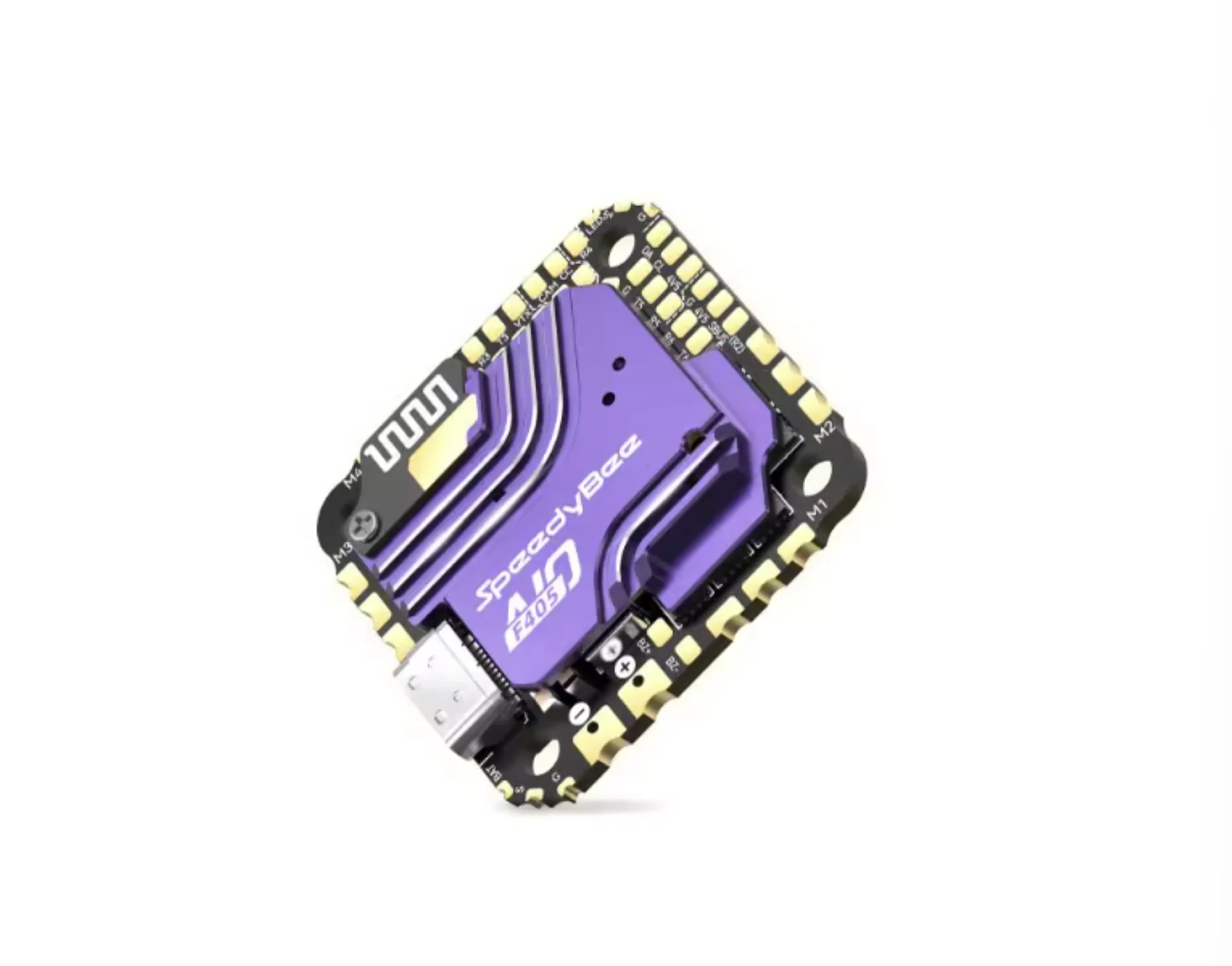 Détail des soudures et du dissipateur thermique sur le contrôleur de vol Speedybee F405 AIO 40A BLUEJAY.