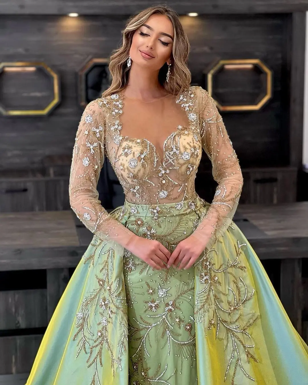 

Luxury Yellow Naked Neck Prom Dress Paired with Beaded Evening Dress Crystal Party Wedding Performance Dress Customized in Large
