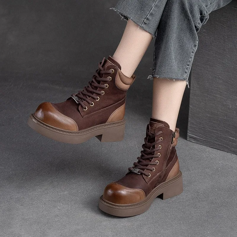 

GKTINOO Ankle Boots Platform Women Genuine Cow Leather Short Boots Round Toe Height Increasing Thick Sole Ladies Shoes Handmade