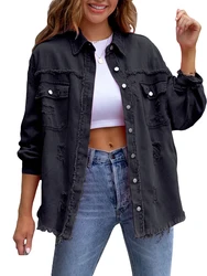 Women's Fashion Casual Ripped Distressed Denim Jacket Boyfriend Jean Coat Long Sleeve Button Down Trucker Jacket
