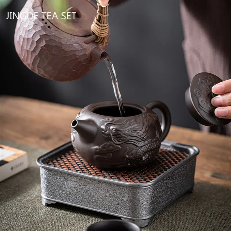 Chinese Yixing Purple Clay Teapot Hand Carving Dragon Pattern Beauty Tea Kettle Classic Ball Hole Filter Pot Zisha Tea Sets