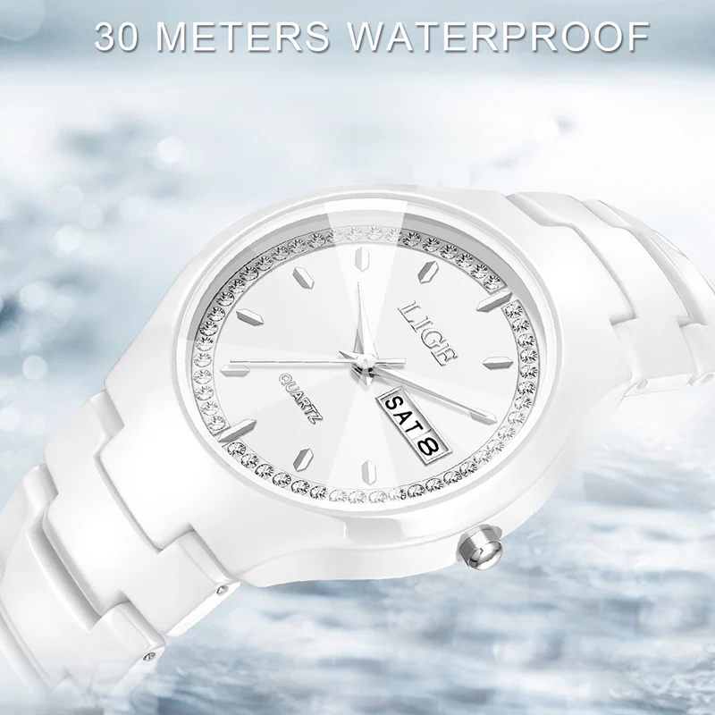 LIGE Fashion Waterproof Women's Watch Casual Elegant Simple Ceramic Quartz Silicone Watch Gift for Women Wristwatch Montre Femme