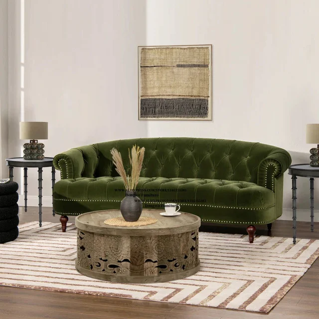 Nordic Modern Velvet Button Rivet Fabric Three Person Sofa Hotel Caf é Living Room Curved Furniture 2