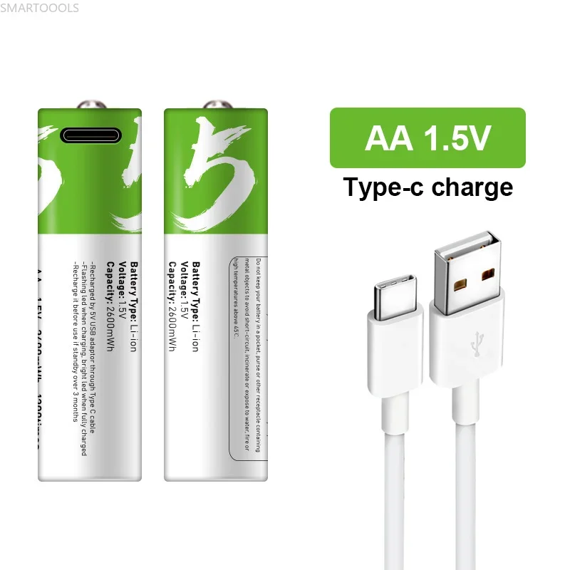 Rechargeable Lithium Batteries SMARTOOOLS USB AA 1.5V 2600 MWh