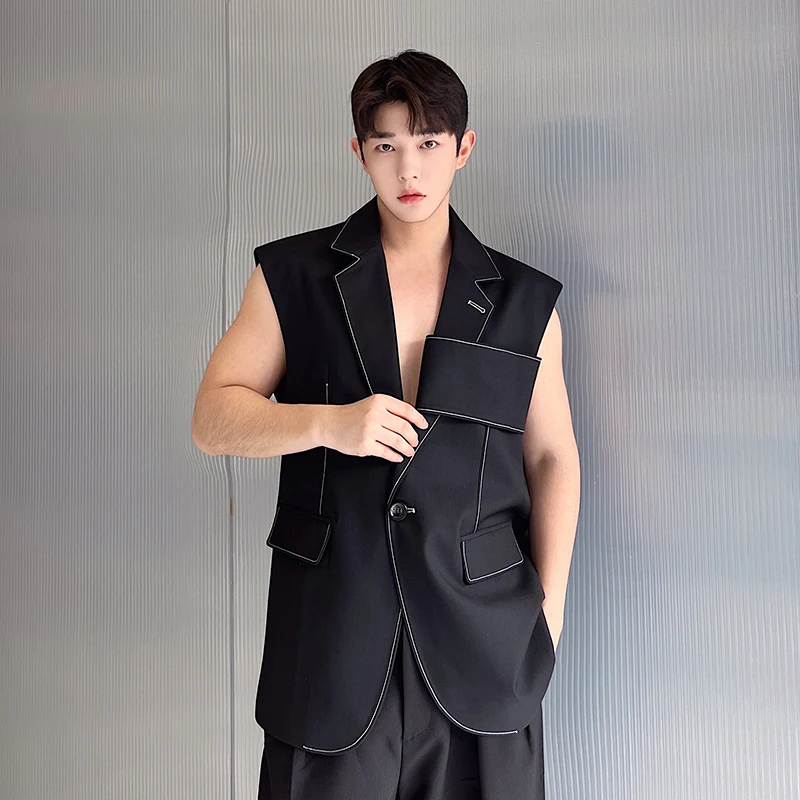 Personality Korean Fashion Design Long Suit Vest Mens Casual Long Suit Waistcoat Chic Style Sleeveless Jacket Gilet Homme 2