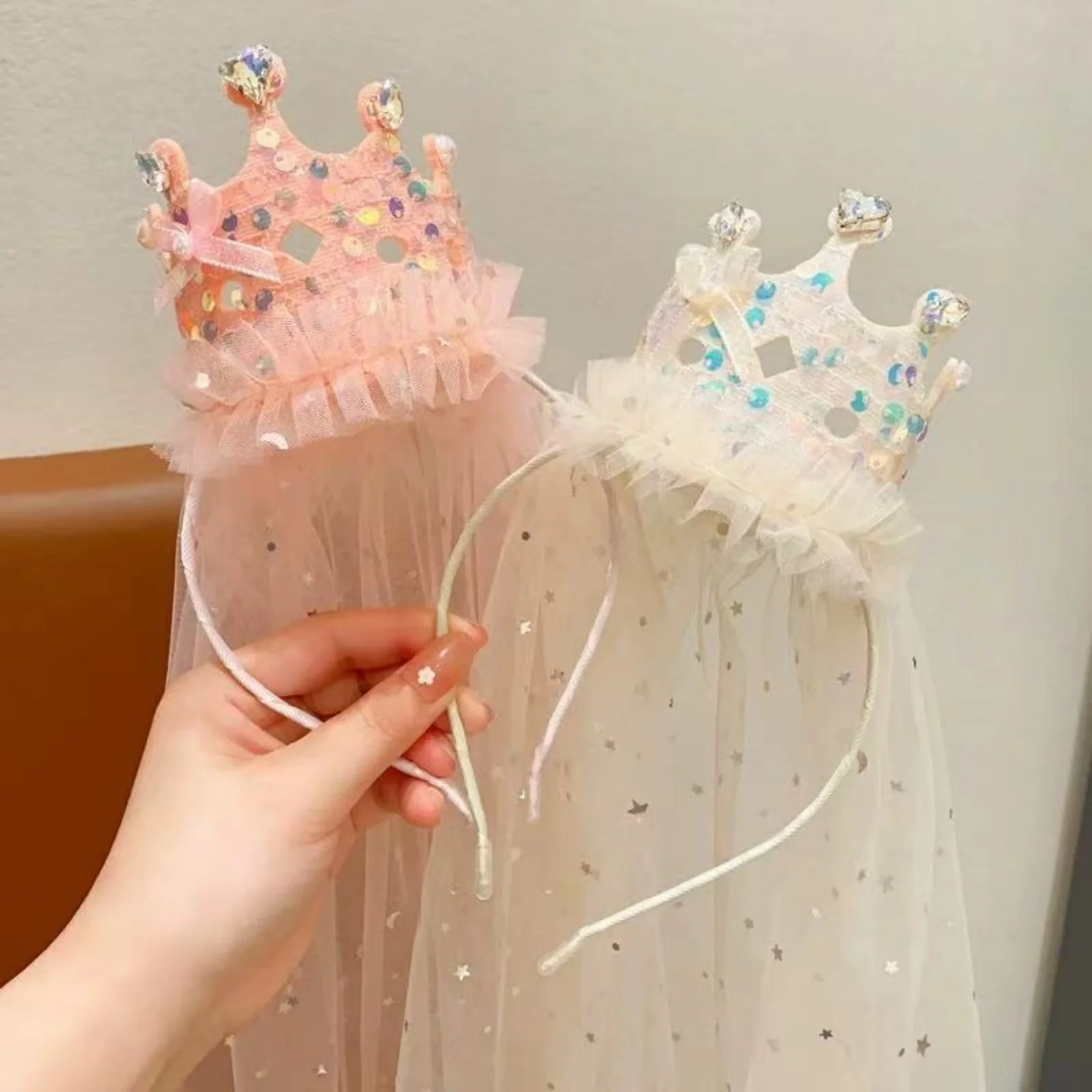 1PC Princess Crown Veil Headbands,Sparkly Tulle Hair Accessories,Pink White Sequin Party Headwear,Cute Girl's Dress Up Headbands