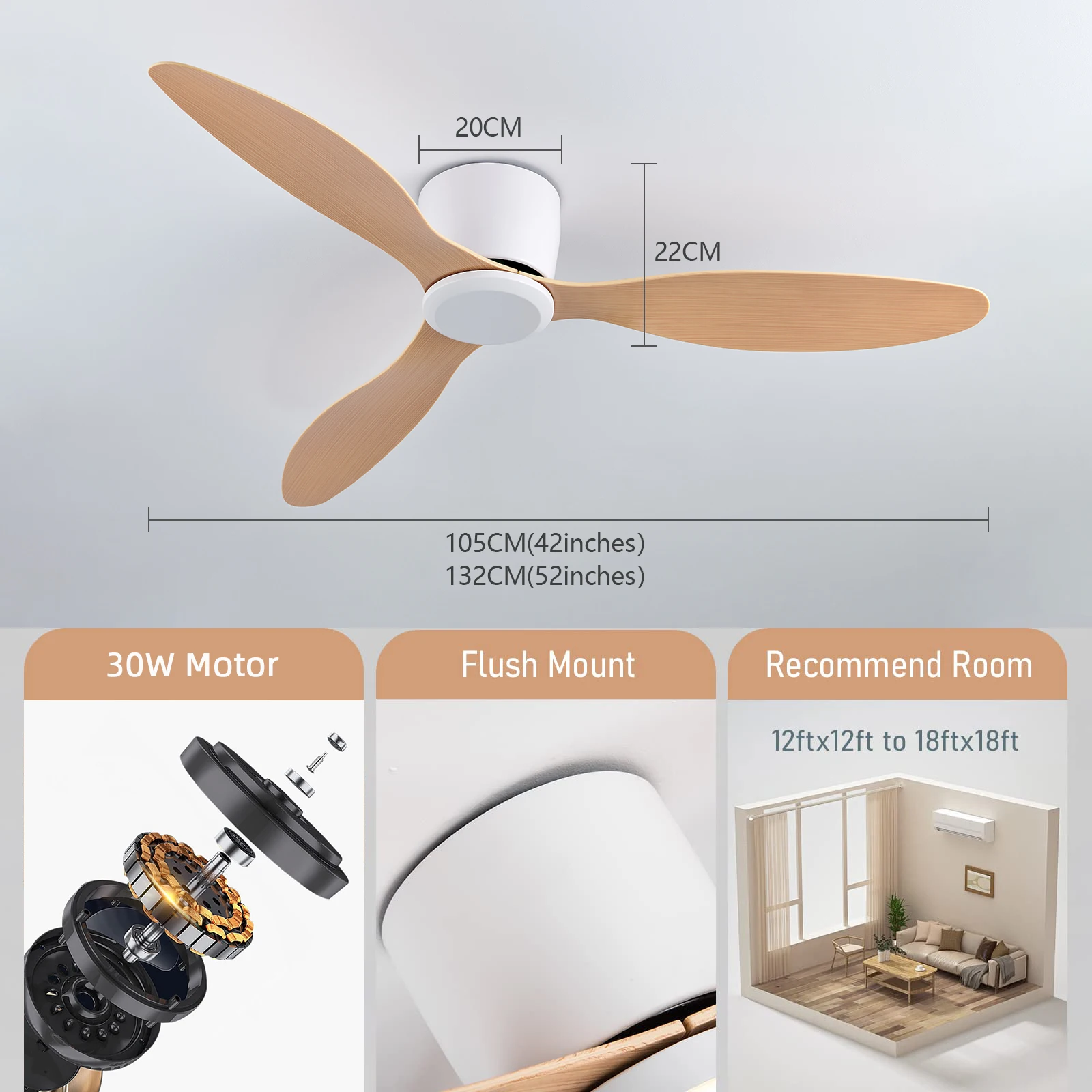 IRALAN  42 52 Inch Ceiling Fans No Light DC Motor Remote Control Cooling Fans Low Floor Ceiling Fan Silent large home fan 6