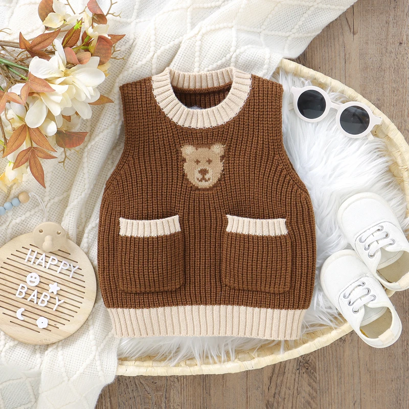 

Suefunskry Toddler Sunlight/Bear Pattern Sweater Vest Contrast Color Sleeveless Double Pockets Round Neck Knitted Waistcoat Vest