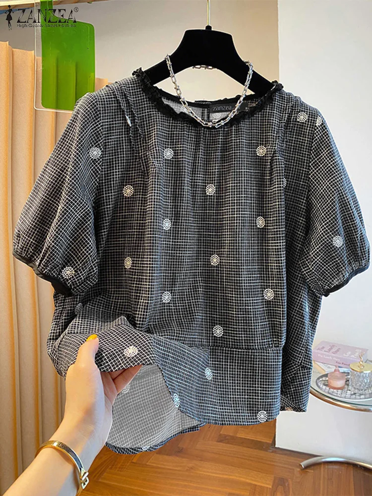 Vintage Plaid Casual Short Sleeve Women Blouse