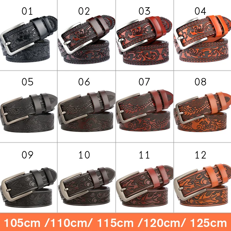 Male Fashion Design Genuine Leather Belt High Quality Vintage Embossed Pattern Pin Buckl Belt Jeans Casual Business Waistband