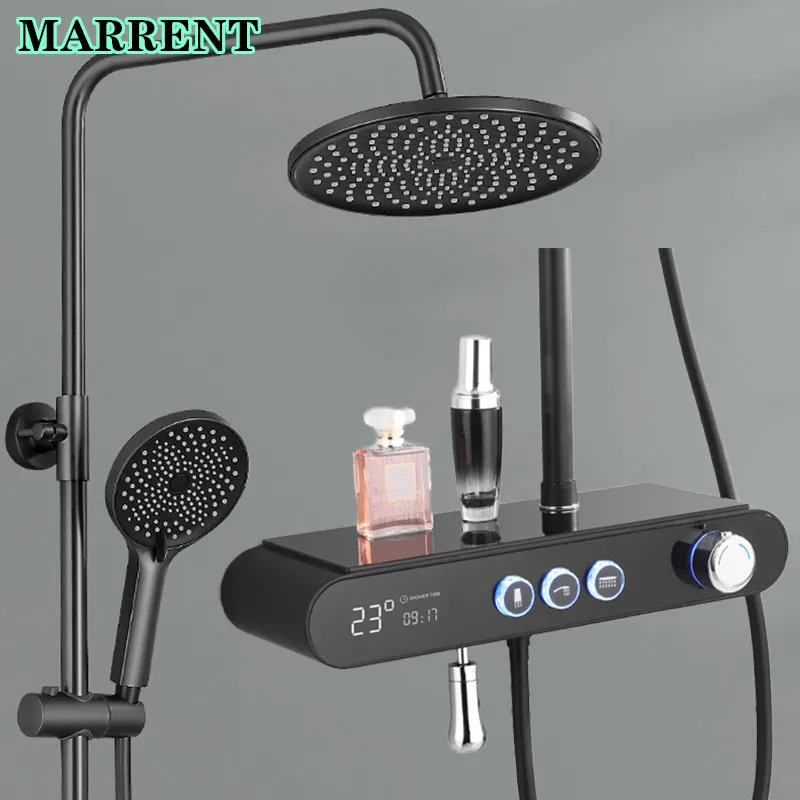 Duschset Mit Thermostat, Mattschwarz, Regendusche, Messing, Badewannenarmaturen, Armaturen Led-Anzeige, Digital Für Badezimmer Und Dusche