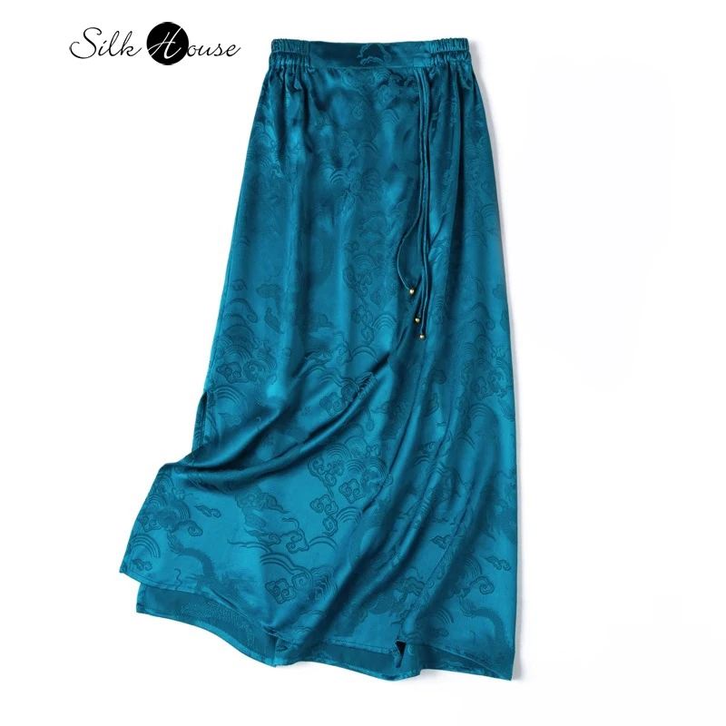 

2024 Women's Fashion Summer New Heavyweight 100% Natural Mulberry Silk Jacquard Satin New Chinese Peacock Blue Split Skirt