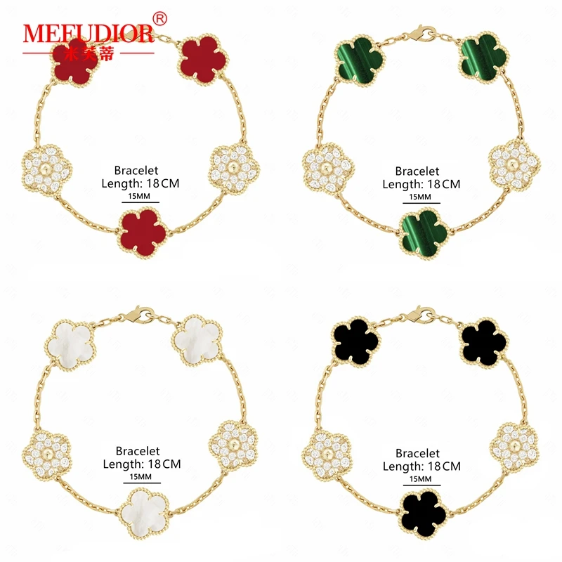 

18k Real Yellow Gold Bracelet for Women Five Leaf Flower Malachite 18cm Chain Golden Natural White Beige Trendy Jewelry Gift
